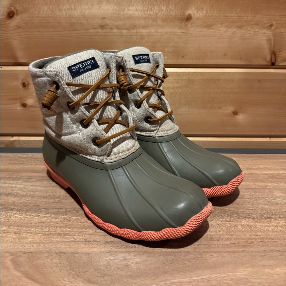 Sperry Womens Top-Sider Saltwater Rain Duck Boots Canvas Green Size 6.5
